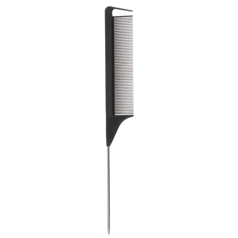 A heat-resistant carbon fiber rat tail comb with steel pins for parting hair back, styling roots