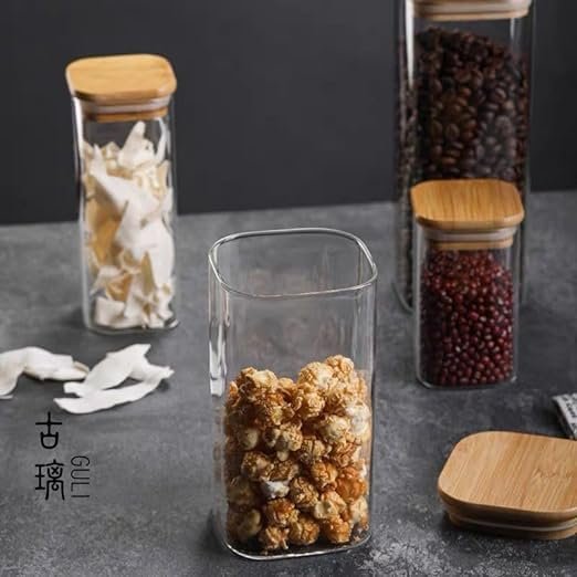 Square Glass Jar for Kitchen Spice Nuts and Legumes with Airtight Bamboo Lid (500ml)