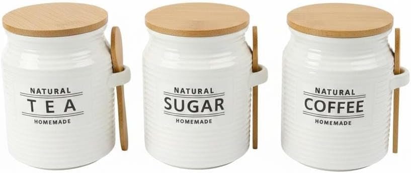 ​Premium 3-Piece Ceramic Kitchen Canister Set – Tea, Coffee, & Sugar Storage Jars with Airtight Bamboo Lids and Integrated Wooden Spoons