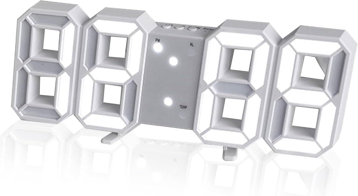 3D Wall Led Alarm Digital Clock White Number Time Clock with Automatic Brightness Adjustable, 12/24 Hr Time/Date Temperature Display