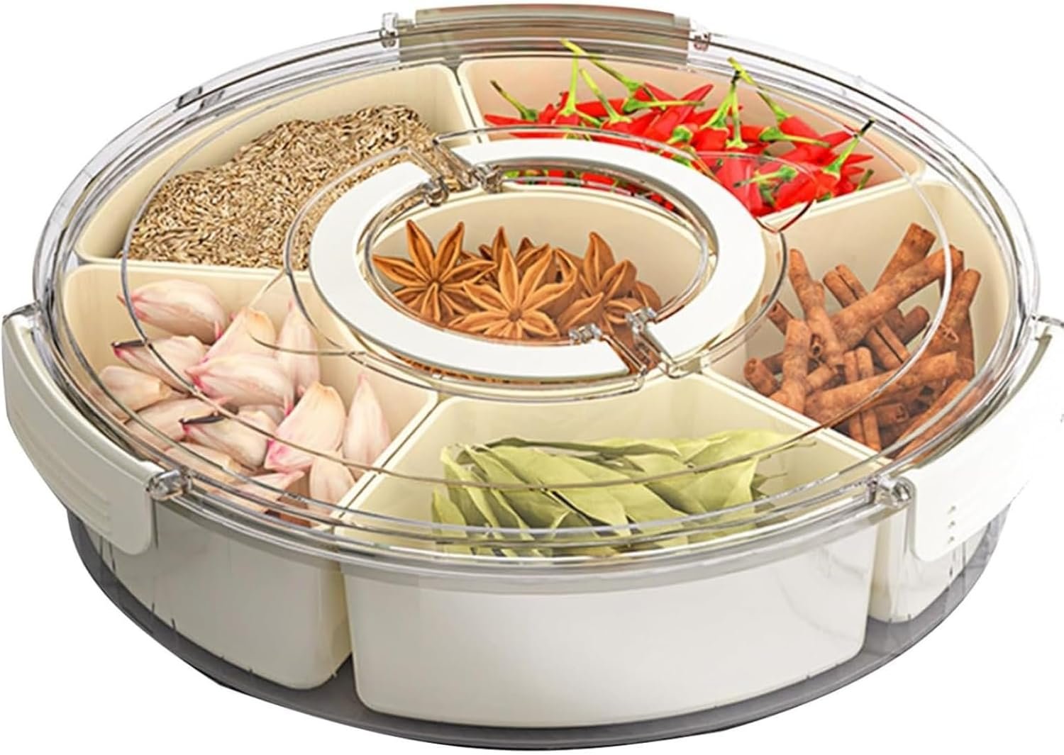 6 Compartments Divided Serving Tray with Lid and Handle, 360° Rotatable Large Box Container, with 6 Removable Compartments, Portable Boxs for Fruit Veggie Salad, for Kitchen, Party