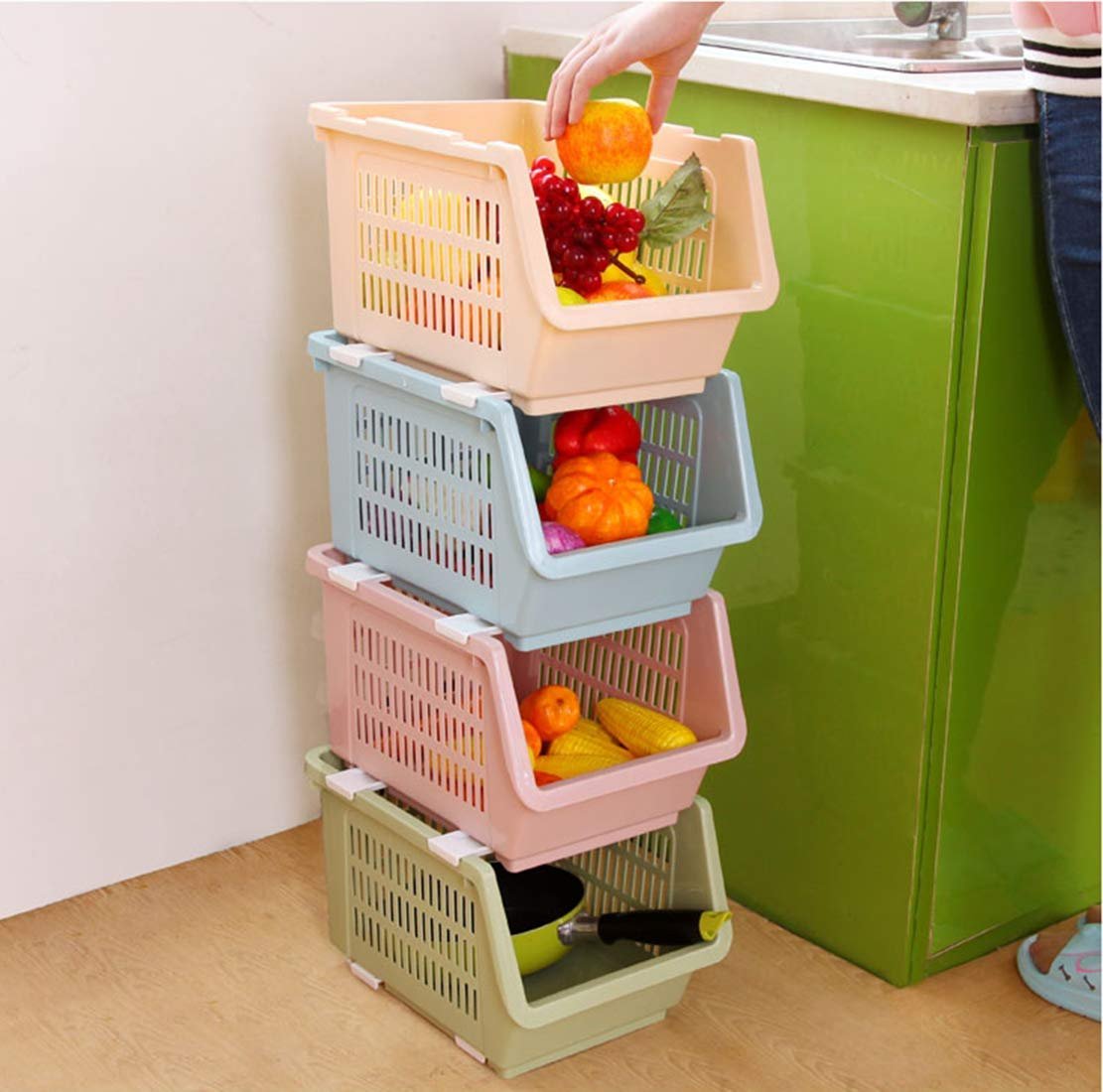 4-Pack Stackable Storage Bins Plastic Baskets Rack with Wheels Stacking Stand Organizer for Vegetable Fruit Food Kitchen Bathroom