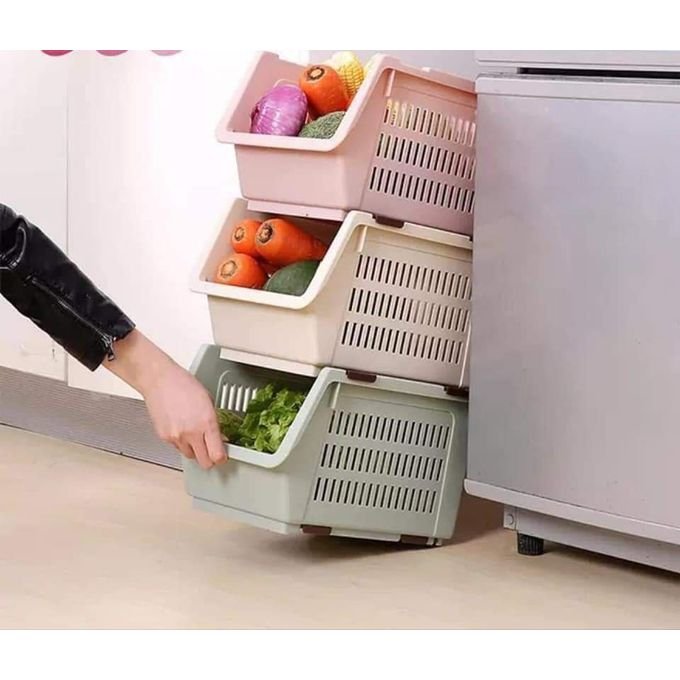 3-Pack Stackable Storage Bins Plastic Baskets Rack with Wheels Stacking Stand Organizer for Vegetable Fruit Food Kitchen Bathroom
